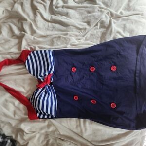 Navy & White Striped Retro Halter One-Piece Swimsuit with Red Accents